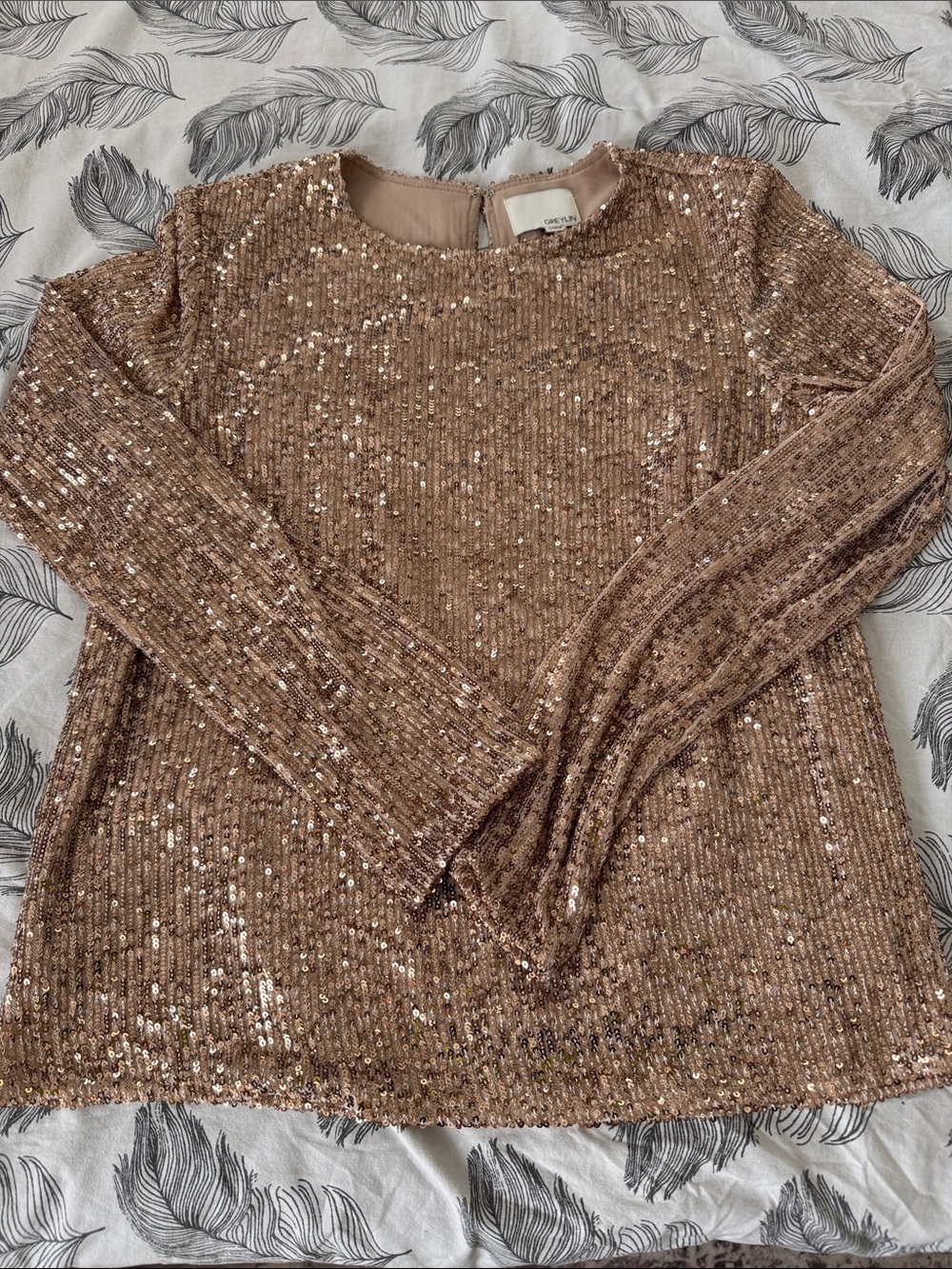 Greylin Champagne Sequin Top Blouse Long Sleeve Lined Size S Party Holiday